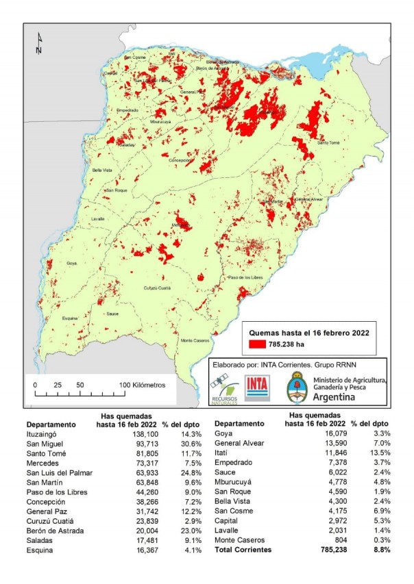 Informe del INTA: el 9% de la superficie de Corrientes fue afectada por el fuego.