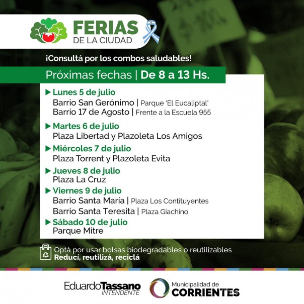 Las Ferias de la Ciudad estarán en los barrios San Gerónimo, 17 de Agosto y Santa María