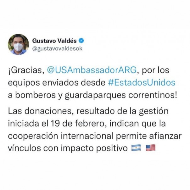 El gobernador Valdés anunció que llegó a Corrientes la colaboración que solicitó a Estados Unidos