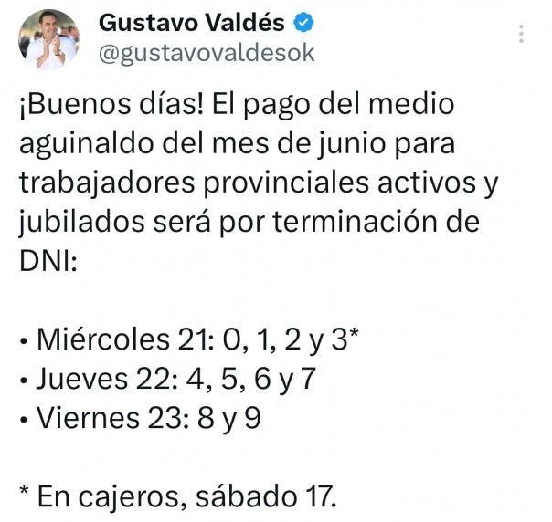 El Gobernador Valdés confirma días de pago del aguinaldo
