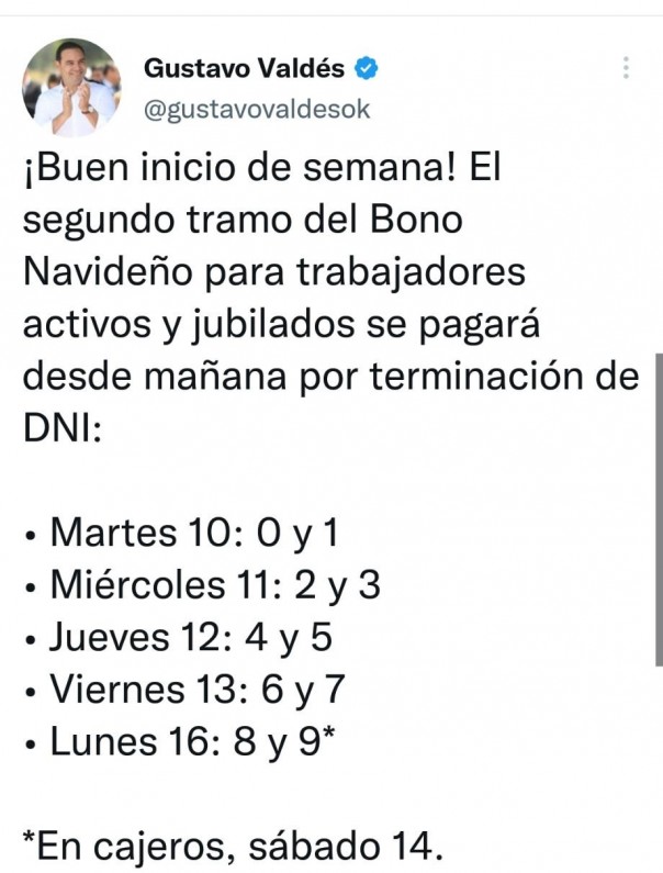 Bono Navideño: Valdés informa días de pago de $50 mil y Provincia completa inversión extra de $6.300 millones