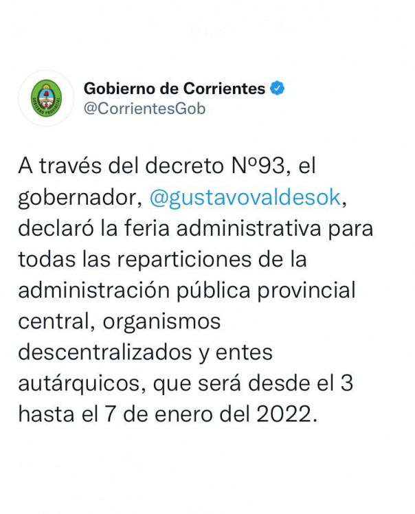 La Feria Administrativa en el Estado provincial será del 3 al 7 de enero