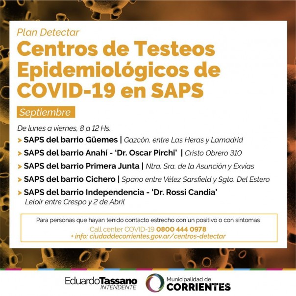 Centros de testeos municipales que funcionarán en el mes de septiembre