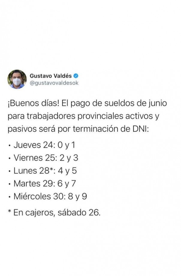 Con aumento en la Asignación Familiar por Hijo, el gobernador Valdés confirmó cronograma de haberes de junio