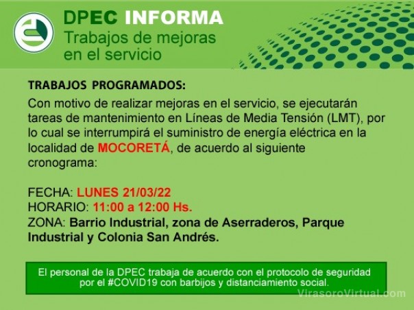 La DPEC realizará trabajos de mejoras en Mocoretá