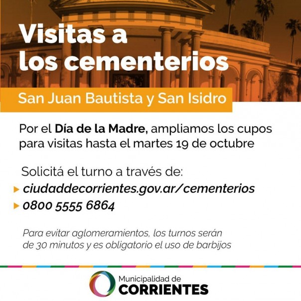 La Municipalidad amplía los turnos para las visitas a los cementerios por el Día de la Madre