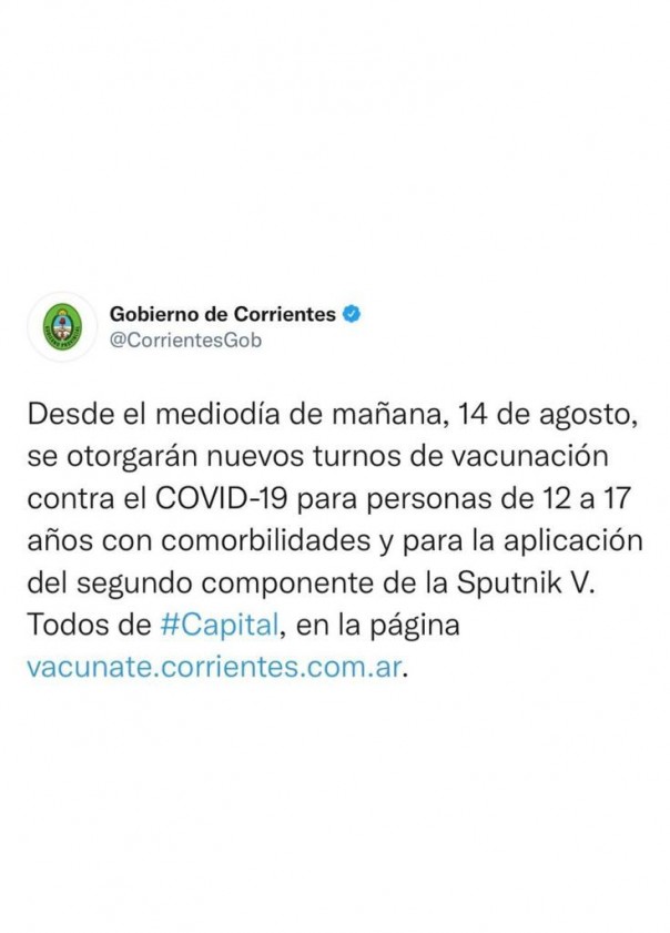 Nuevos turnos de vacunacion para personas de 12 a 17 años y segundas dosis de Sputnik V