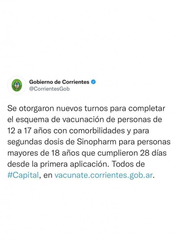 Se otorgaron turnos para segundas dosis de Sinopharm