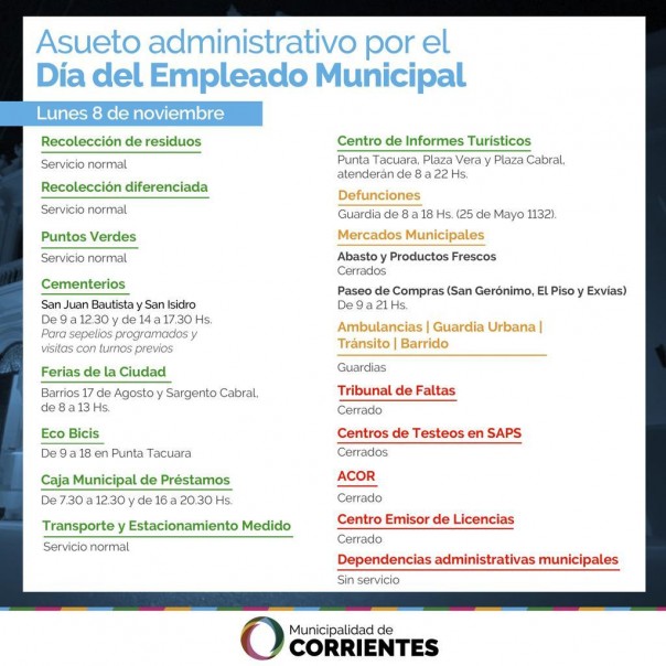 Funcionamiento de los servicios municipales el 8 de noviembre