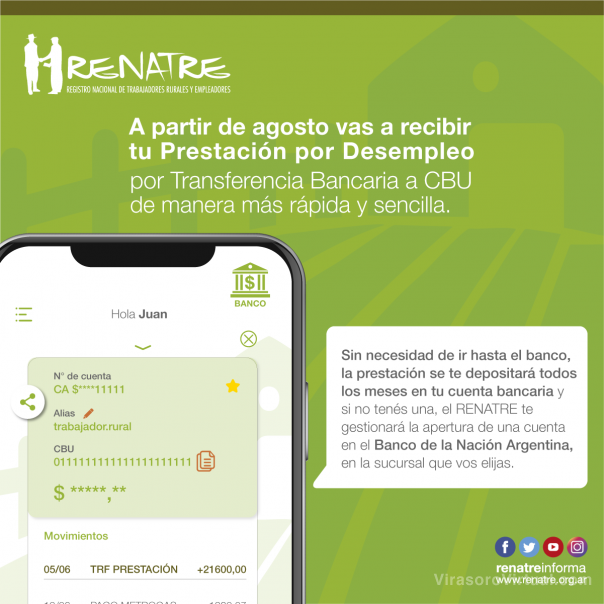 Desde agosto RENATRE paga prestaciones por desempleo exclusivamente con CBU