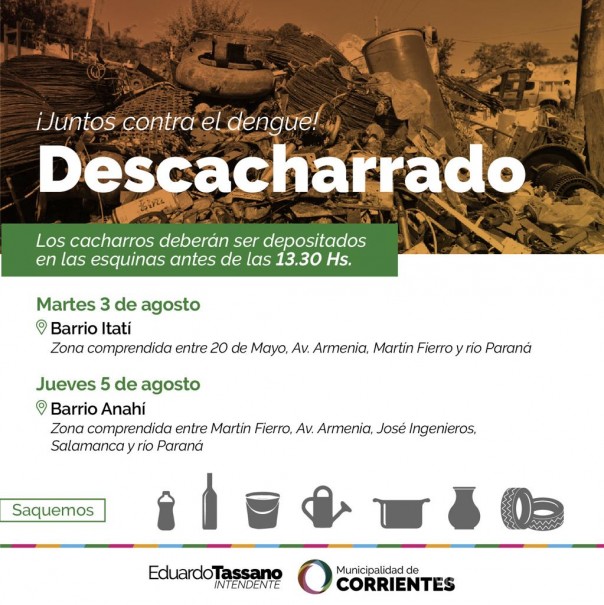 El Municipio realizará descacharrado en los barrios Itatí y Anahí
