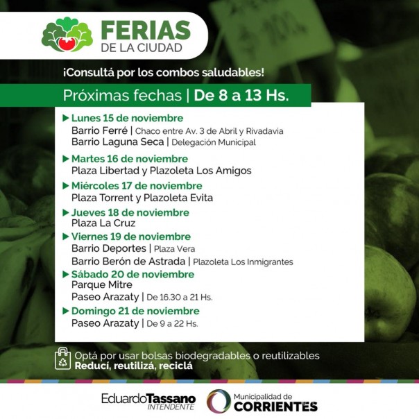 Las Ferias de la Ciudad recorrerán los barrios Ferré, Laguna Seca, Deportes y Berón de Astrada
