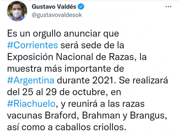 El gobernador Valdés anunció que Corrientes será sede de la Exposición Nacional de Razas