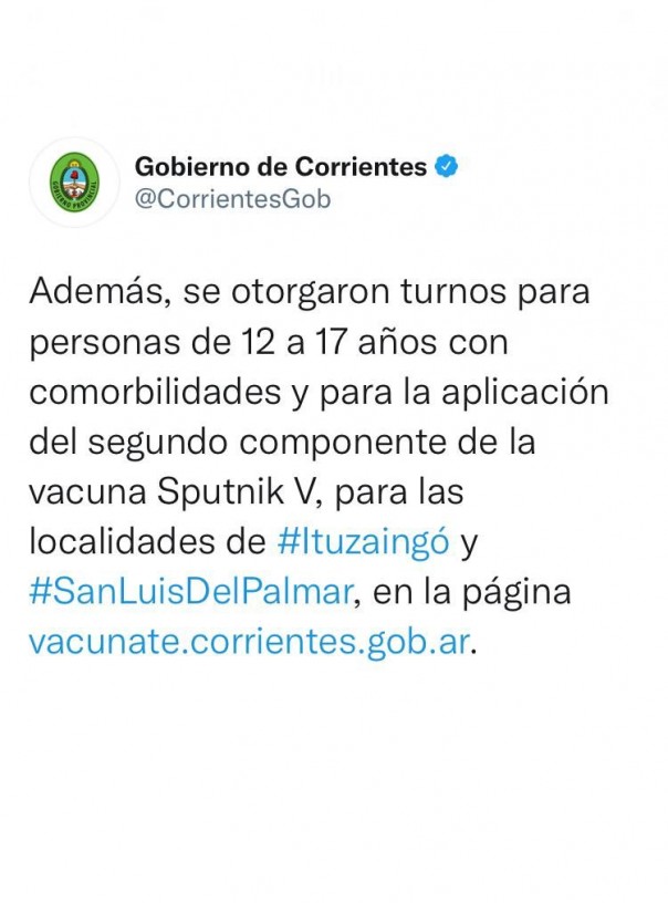 Nuevos turnos para vacunación para mayores de 18 años y personas de 12 a 18 años