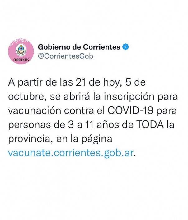 Vacunación contra el Covid- 19: el Gobierno provincial habilita la inscripción para personas de 3 a 11 años