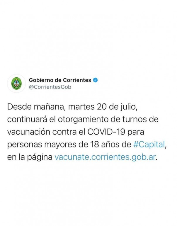 Covid-19: Desde mañana continuará el otorgamiento de turnos de vacunación para mayores de 18 años