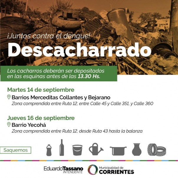 Habrá operativo de descacharrado en los barrios Bejarano y Merceditas Collantes