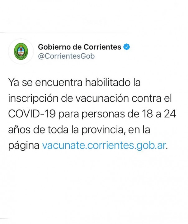 Se encuentra abierta la inscripción de vacunación para personas de 18 a 24 años de toda la provincia