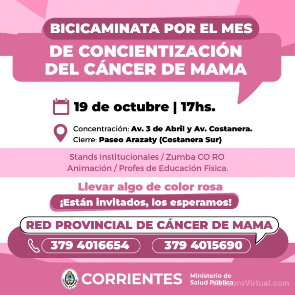 Salud Pública realizará una Bicicaminata por el Mes de Lucha contra el Cáncer de Mama