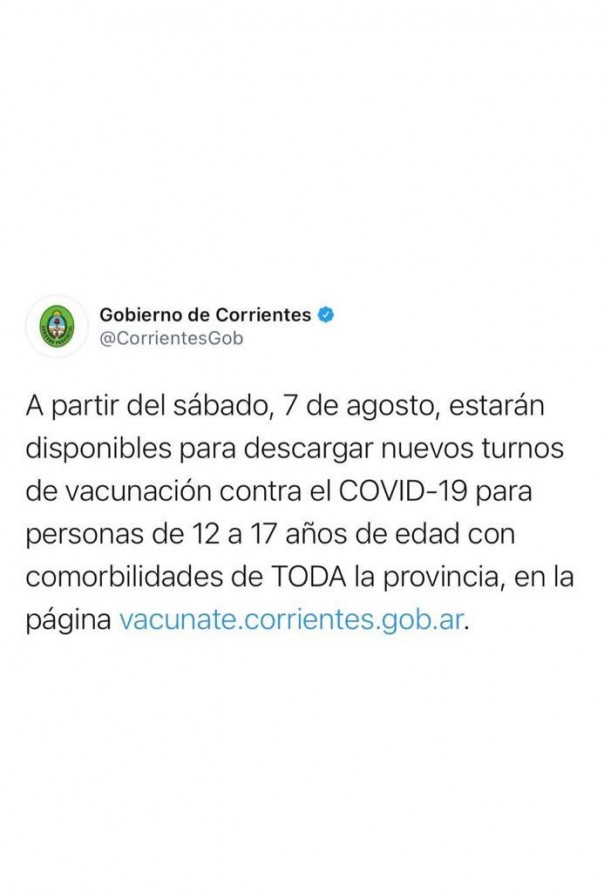 Se otorgan turnos de vacunación para personas de 12 a 17 años con comorbilidades de toda la provincia
