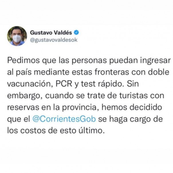 Valdés pidió la apertura de fronteras en Corrientes