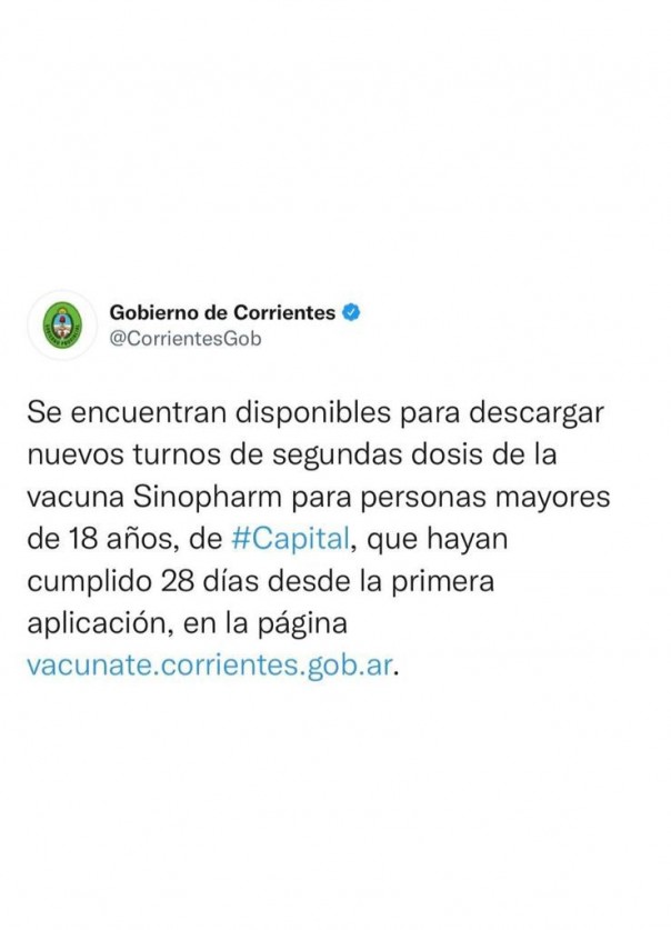Nuevos turnos de segundas dosis de vacunas Sinopharm para personas mayores de 18 años de Capital