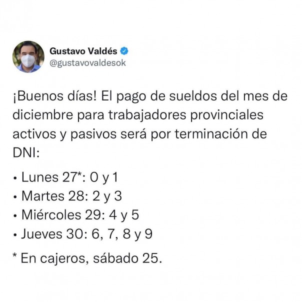 El gobernador Valdés anunció el cronograma de sueldos del mes de diciembre