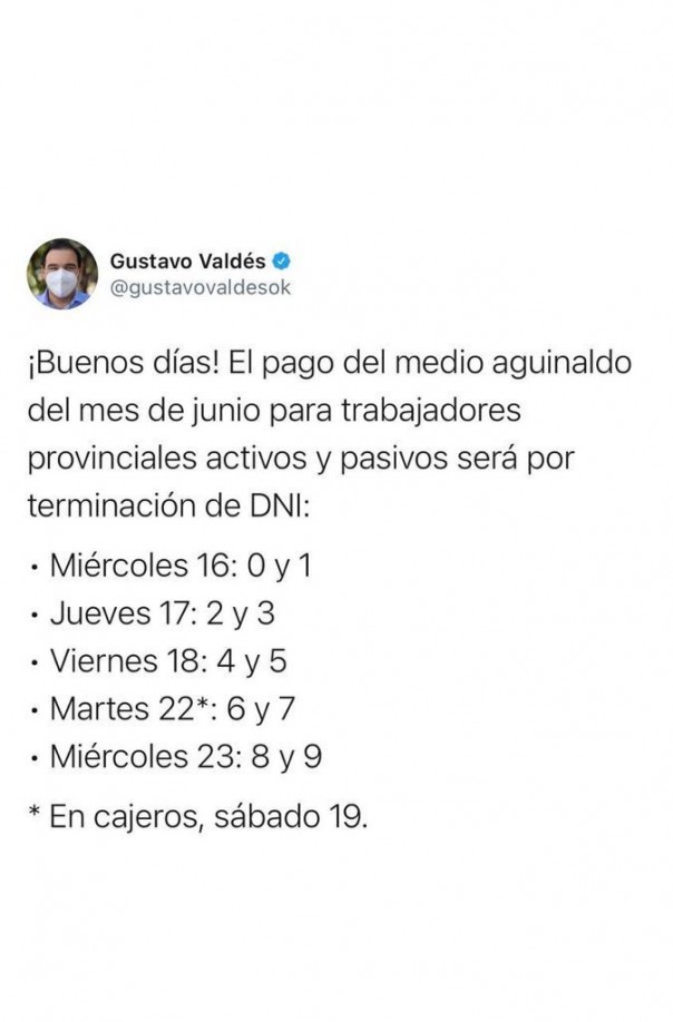 El Gobernador Valdés anunció el cronograma de pago del aguinaldo