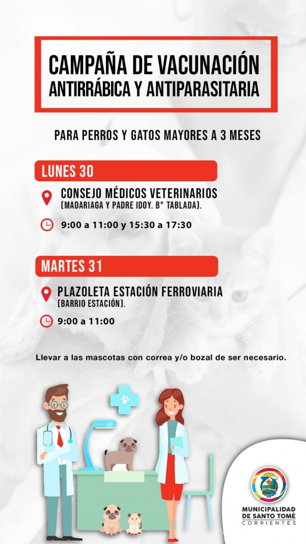 La Dirección de Bromatología Municipal informa: campaña de vacunación antirrábica y desparasitación de mascotas.