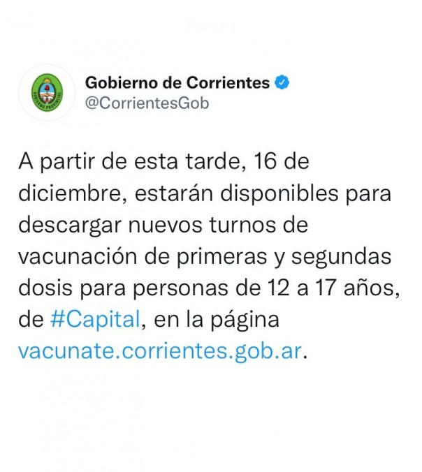 Nuevos turnos de vacunación para personas de 12 a 17 años