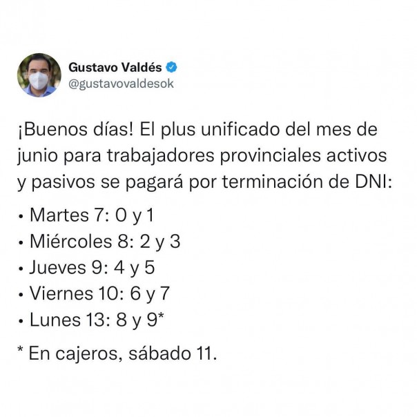 Valdés confirma días de pago, Provincia vuelca cerca de $1700 millones y alista la liquidación del medio aguinaldo