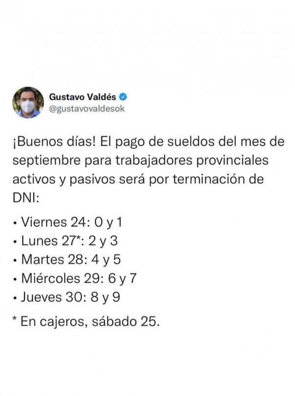 Valdés confirma cronograma de sueldos de septiembre y Provincia vuelca $ 5 mil millones