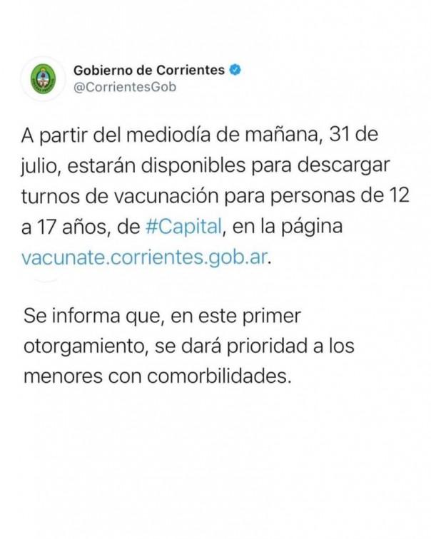 Se otorgan turnos de vacunación para personas de 12 a 17 años de Capital