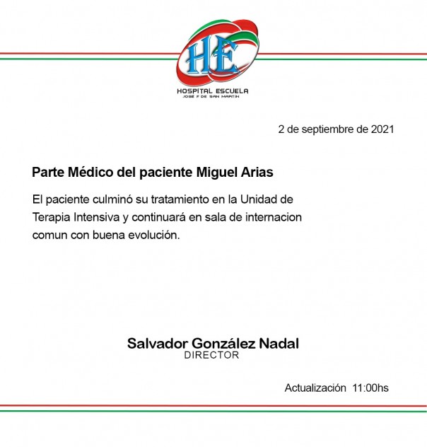 El diputado Miguel Arias dejó la Terapia Intensiva y continuará con su recuperación en sala de internación común